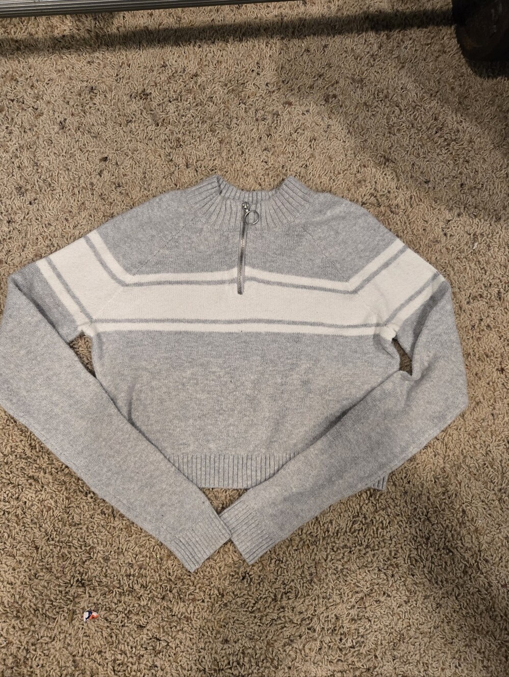 Hollister Light Gray Half-Zip Stripe Sweater - Women'sXS
